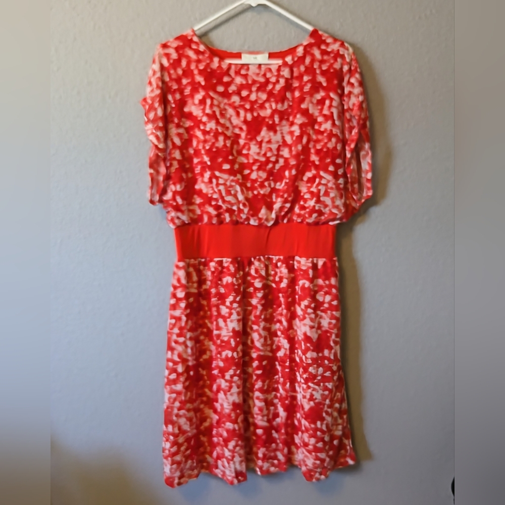 H by Halston Coral Red Brush Stroke Dress Cap Sleeves Knee Length Sz. M NWT